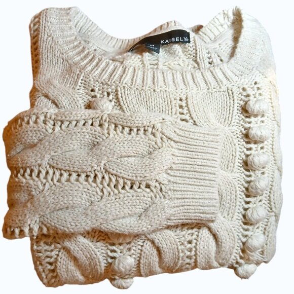 KAISELY Cream Cotton Blend Cable Knit Crew Neck Sweater - Picture 10 of 10